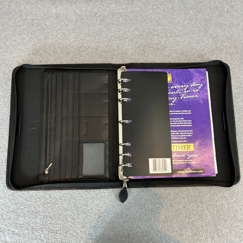 Day-Timer Planner Folio Black Leather 7-Ring Zippered Organizer Professional